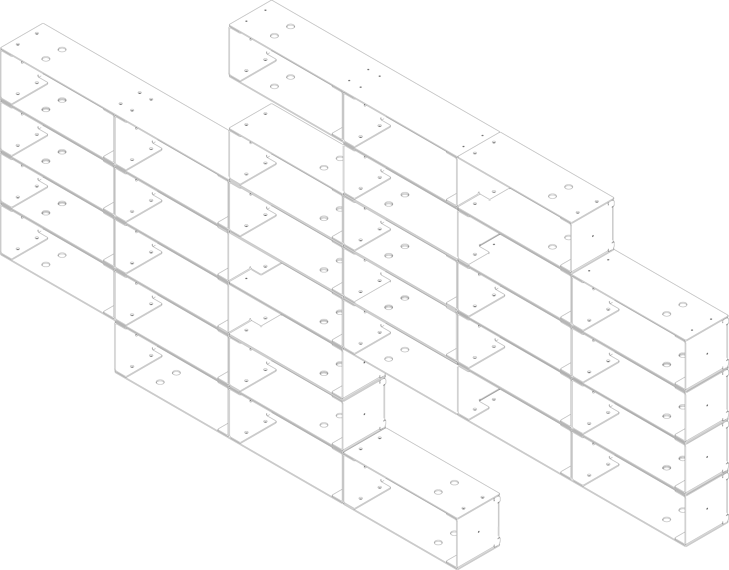 Isometric line drawing of a shelving unit with multiple shelves.