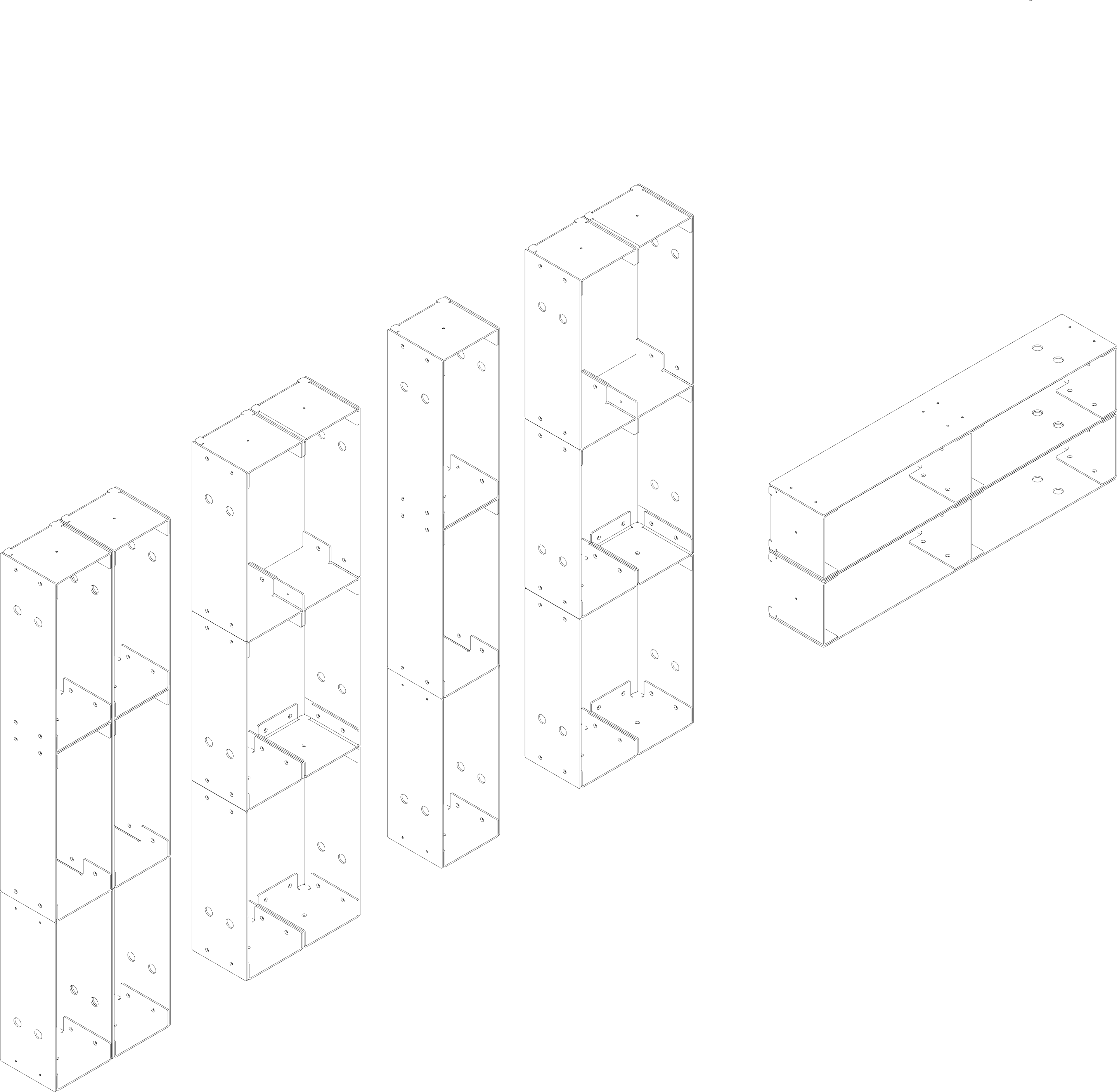 Isometric drawings of various shelving units on a white background